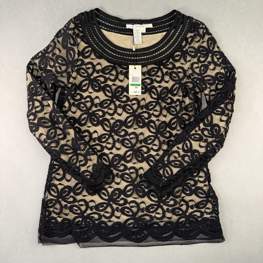 Women's Max Studio Black Lace Overlay Nude Lining Long Sleeve Blouse Top Size L
